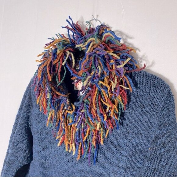 Vintage World Folk Art Imports Blue Wool Knit Sweater With Rainbow Fringe Trim M - Picture 7 of 15